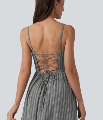 Corset Lace Up Stripe Flowy Midi Casual Slip Dress with Pockets