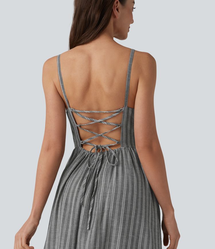 Corset Lace Up Stripe Flowy Midi Casual Slip Dress with Pockets