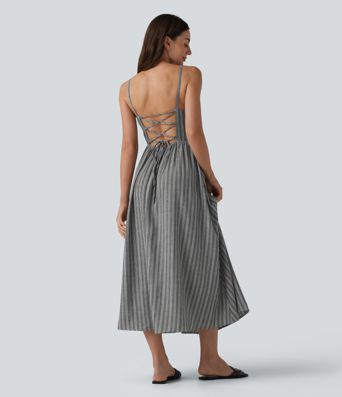 Corset Lace Up Stripe Flowy Midi Casual Slip Dress with Pockets