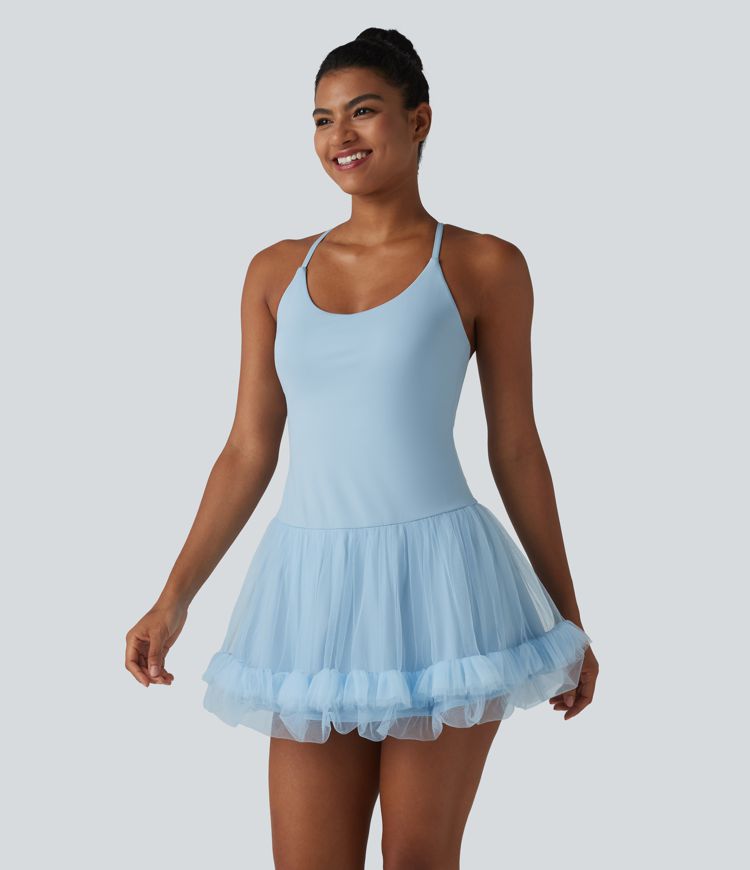 Contrast Mesh Built-in Bra 2-in-1 Mini Workout Active Dress with Pockets-Easy Peezy Edition