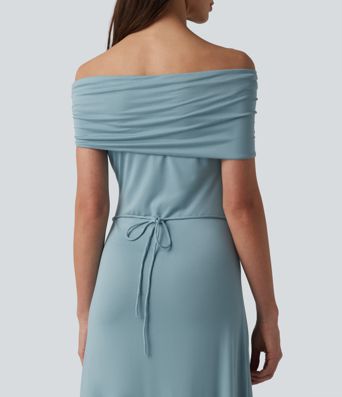 Schulterfreies, gerafftes Maxikleid mit Bindeband am Rücken