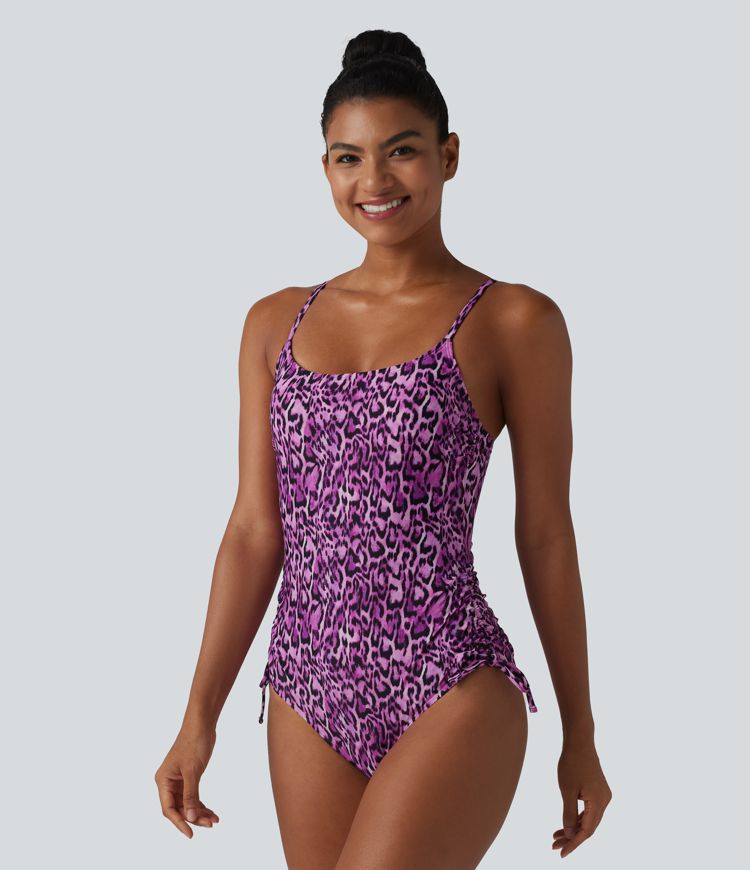 Maillot de bain une pièce col carré soutien-gorge intégré ventre plat cordon de serrage imprimé léopard