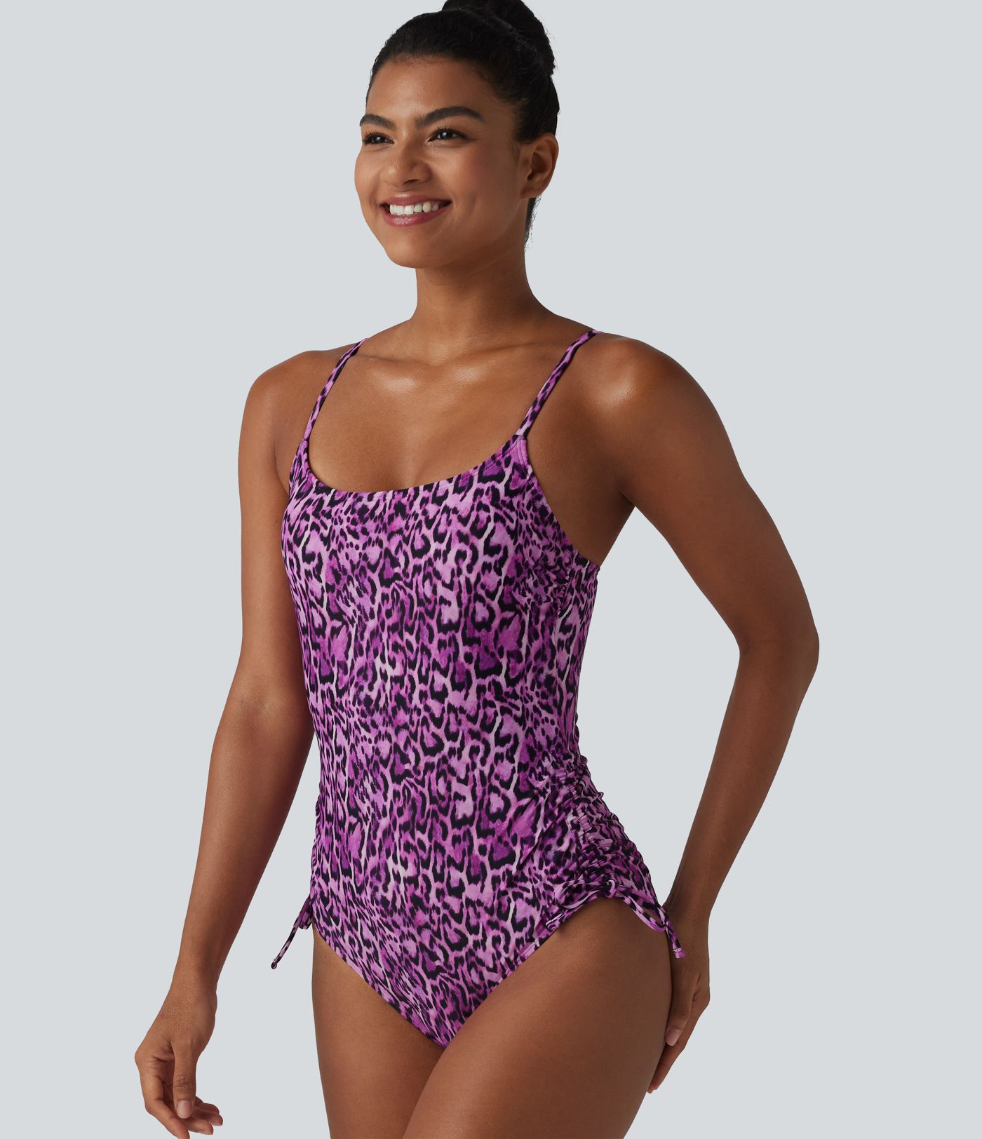 Square Neck Built-in Bra Tummy Control Drawstring Leopard Print One-Piece Swimsuit