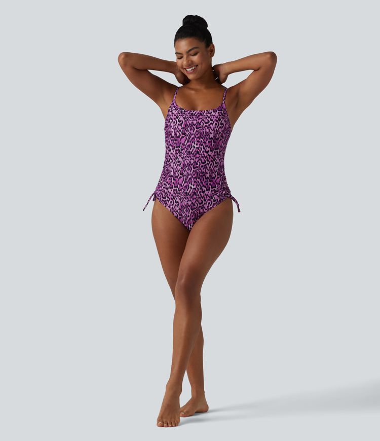 Square Neck Built-in Bra Tummy Control Drawstring Leopard Print One-Piece Swimsuit