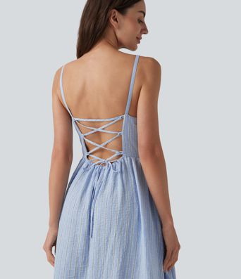 Abito sottoveste casual midi a righe con allacciatura a corsetto e tasche.