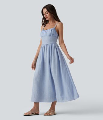 Abito sottoveste casual midi a righe con allacciatura a corsetto e tasche.