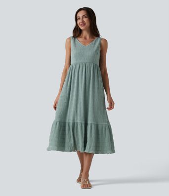 V Neck Sleeveless Midi Casual Dress