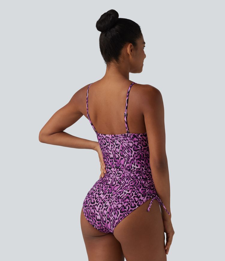 Square Neck Built-in Bra Tummy Control Drawstring Leopard Print One-Piece Swimsuit