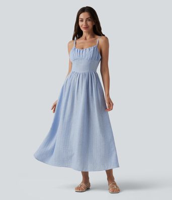 Abito sottoveste casual midi a righe con allacciatura a corsetto e tasche.