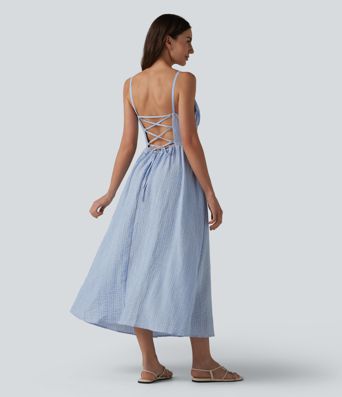 Abito sottoveste casual midi a righe con allacciatura a corsetto e tasche.