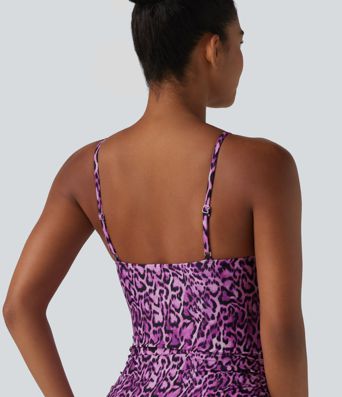 Square Neck Built-in Bra Tummy Control Drawstring Leopard Print One-Piece Swimsuit