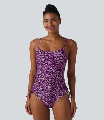 Square Neck Built-in Bra Tummy Control Drawstring Leopard Print One-Piece Swimsuit