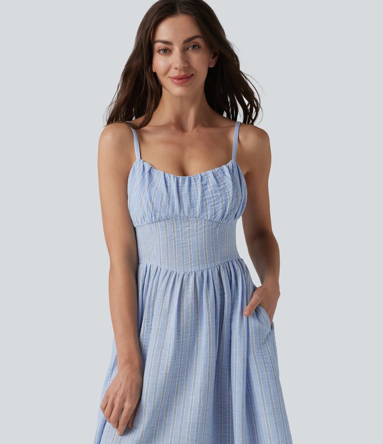 Abito sottoveste casual midi a righe con allacciatura a corsetto e tasche.