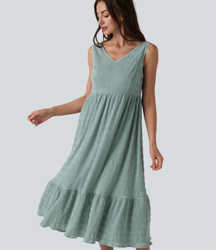 V Neck Sleeveless Midi Casual Dress