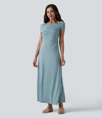 Schulterfreies, gerafftes Maxikleid mit Bindeband am Rücken