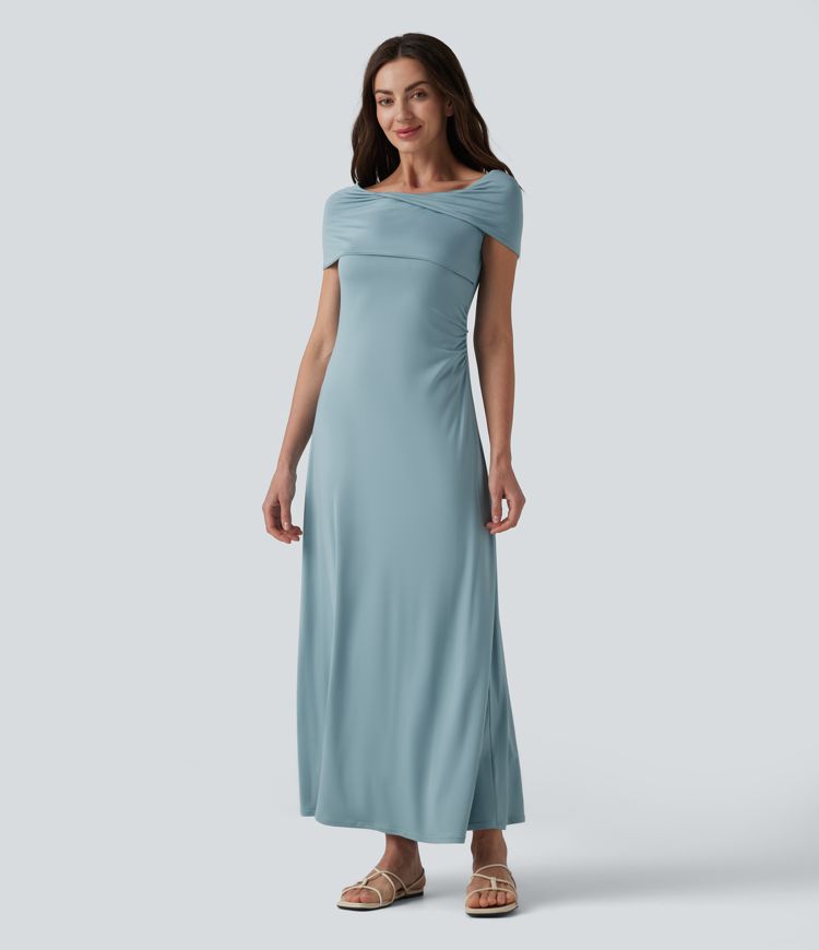 Schulterfreies, gerafftes Maxikleid mit Bindeband am Rücken