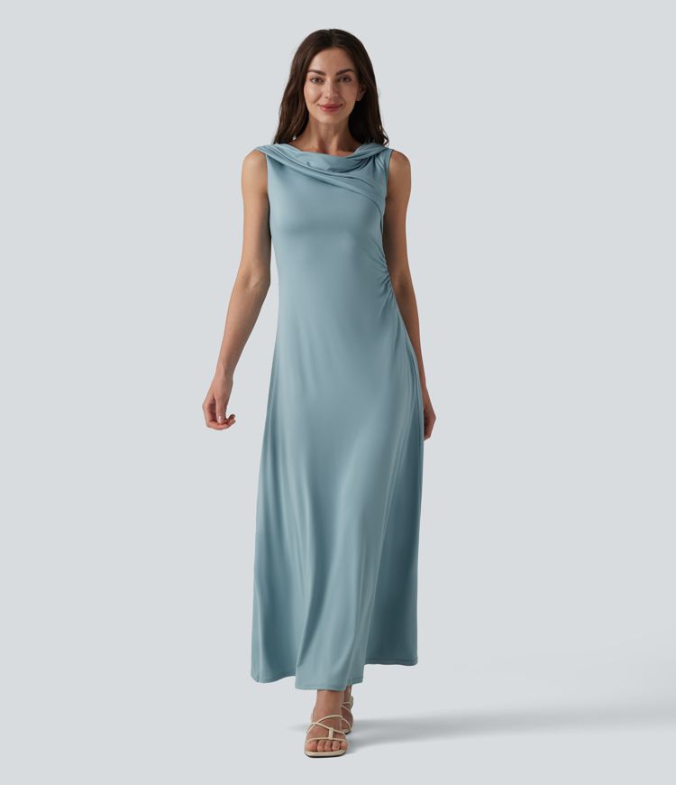 Schulterfreies, gerafftes Maxikleid mit Bindeband am Rücken