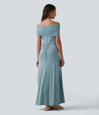 Schulterfreies, gerafftes Maxikleid mit Bindeband am Rücken