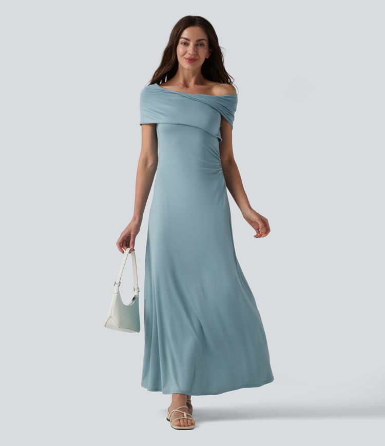 Schulterfreies, gerafftes Maxikleid mit Bindeband am Rücken