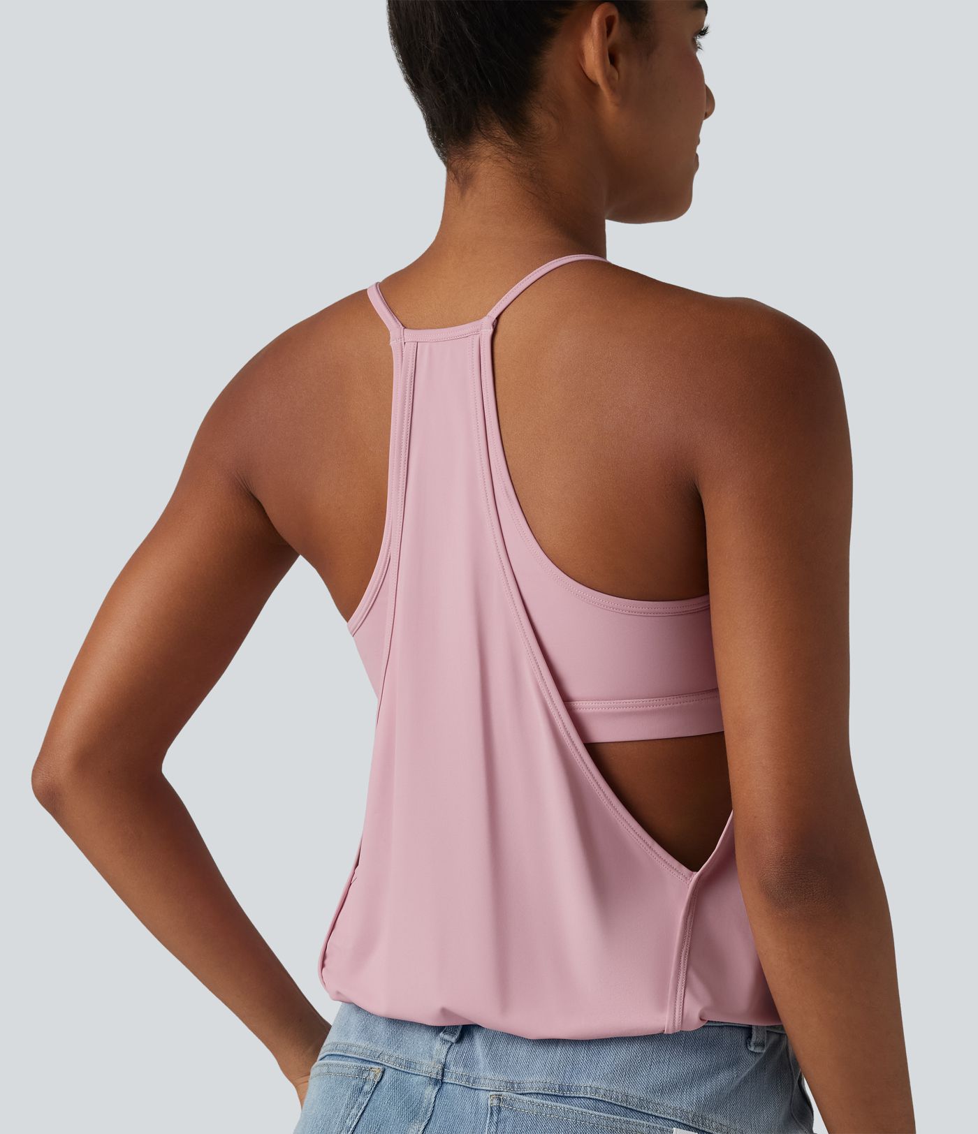 Débardeur casual col U froncé 2 en 1 avec soutien-gorge intégré toucher frais séchage rapide UPF50+