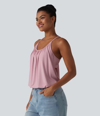 Débardeur casual col U froncé 2 en 1 avec soutien-gorge intégré toucher frais séchage rapide UPF50+