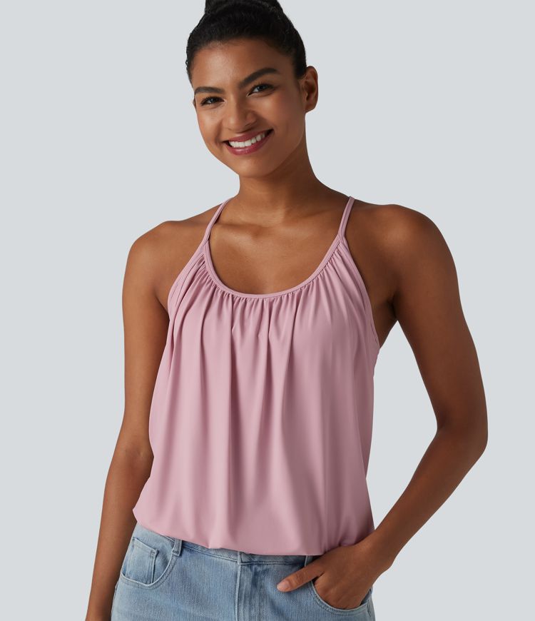 Débardeur casual col U froncé 2 en 1 avec soutien-gorge intégré toucher frais séchage rapide UPF50+