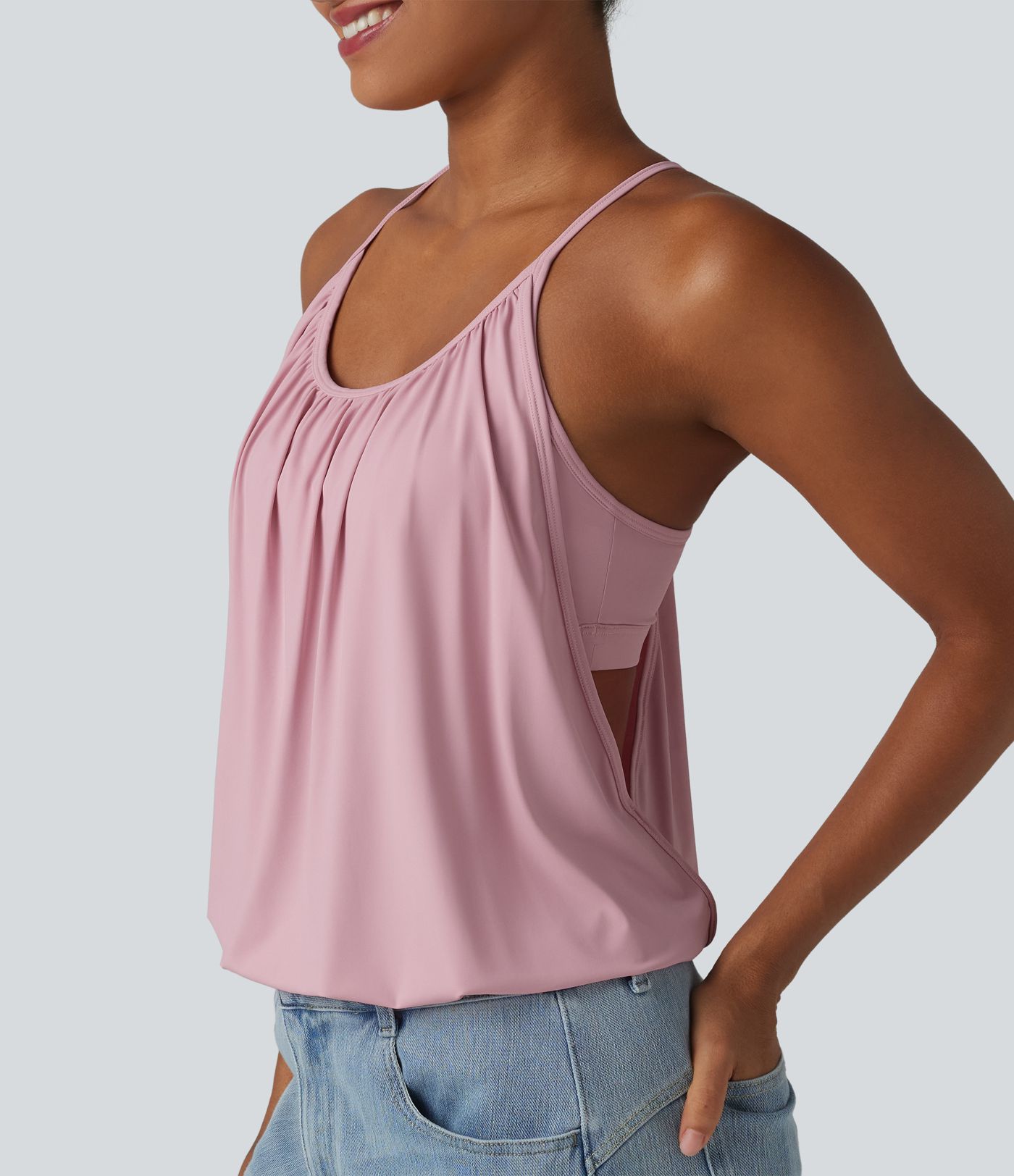 Débardeur casual col U froncé 2 en 1 avec soutien-gorge intégré toucher frais séchage rapide UPF50+