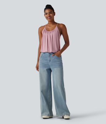 Débardeur casual col U froncé 2 en 1 avec soutien-gorge intégré toucher frais séchage rapide UPF50+