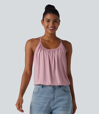 Débardeur casual col U froncé 2 en 1 avec soutien-gorge intégré toucher frais séchage rapide UPF50+