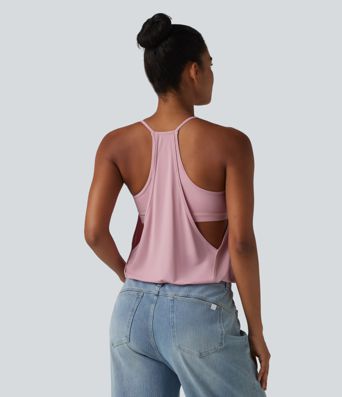Débardeur casual col U froncé 2 en 1 avec soutien-gorge intégré toucher frais séchage rapide UPF50+