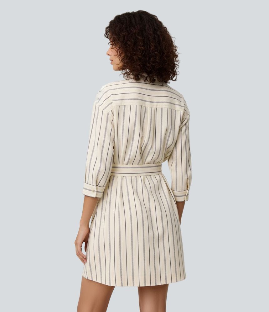 Half Sleeve Belted Stripe Mini Work Shirt Dress