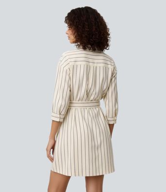 Half Sleeve Belted Stripe Mini Work Shirt Dress