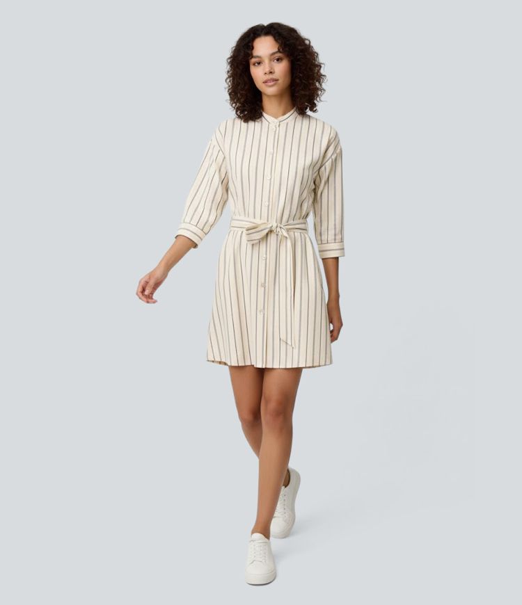 Half Sleeve Belted Stripe Mini Work Shirt Dress