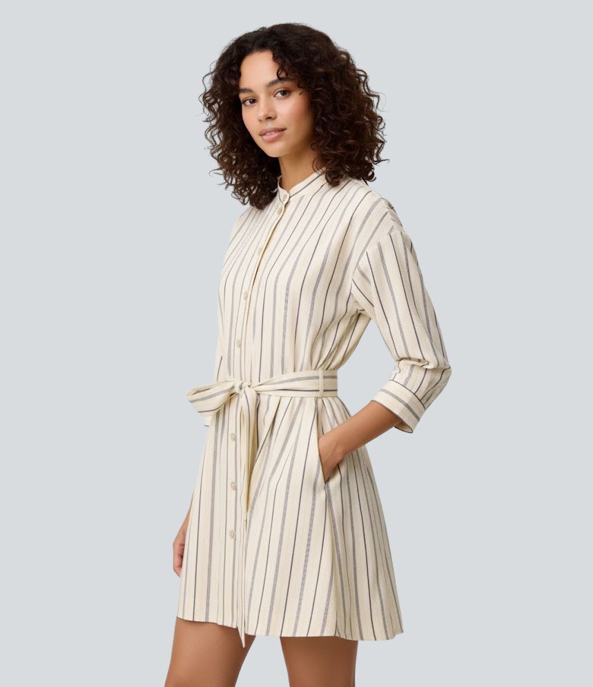 Half Sleeve Belted Stripe Mini Work Shirt Dress