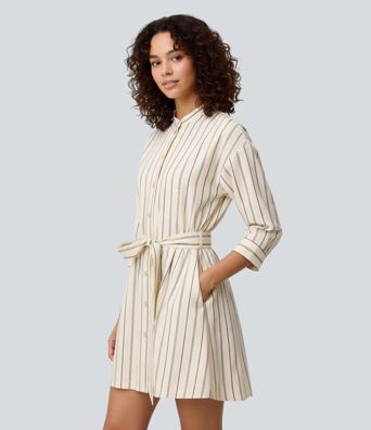 Half Sleeve Belted Stripe Mini Work Shirt Dress