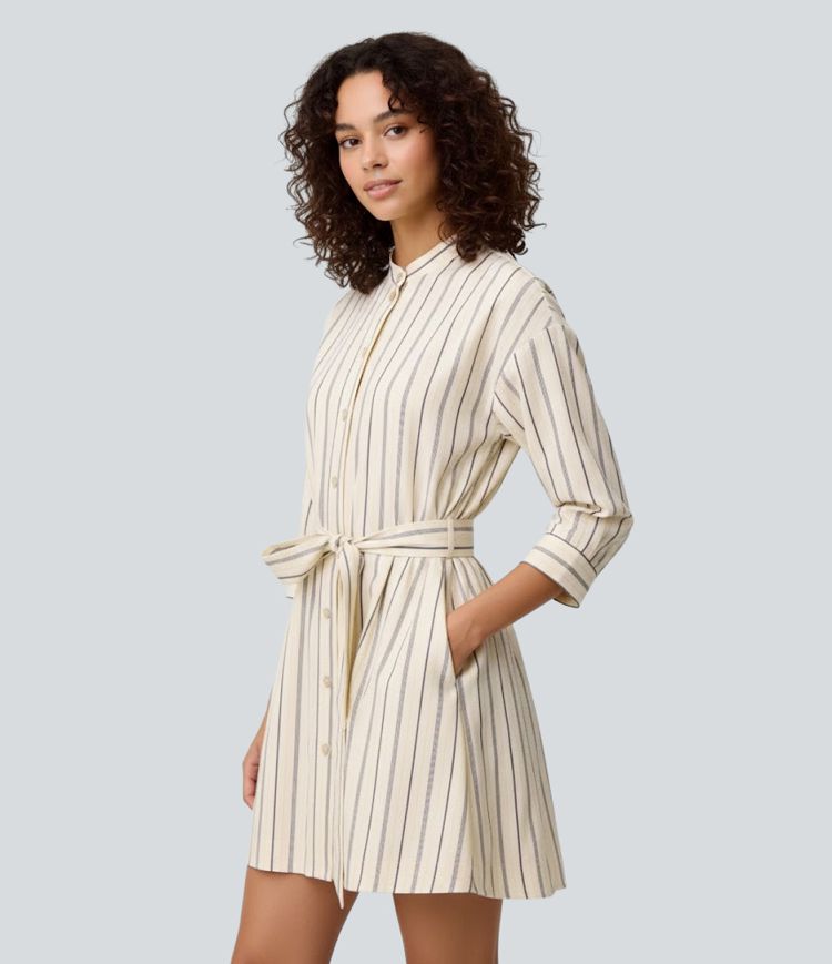 Half Sleeve Belted Stripe Mini Work Shirt Dress
