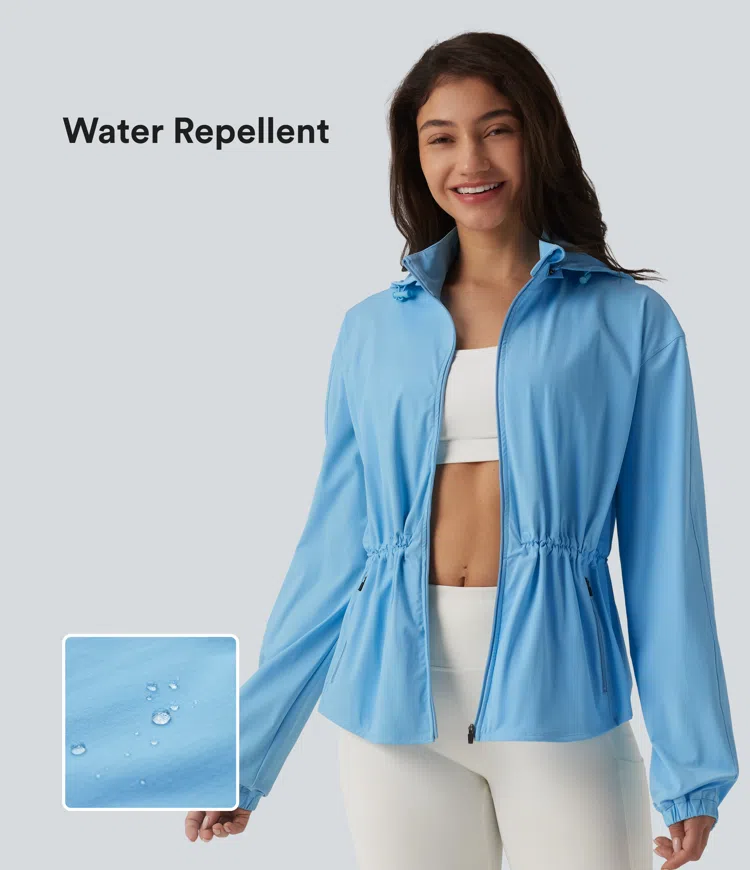 Durable Water Repellent Removable Hood Drawstring Workout Jacket with Zip Pockets