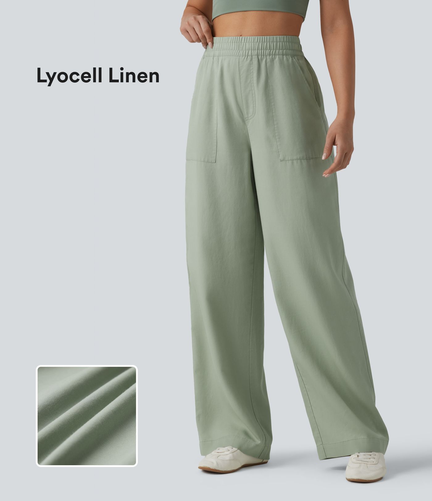 Lässige Hose aus Lyocell-Leinenmischung mit hohem Bund, Seitentaschen, Kordelzug und weitem Bein