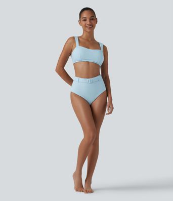 Bikinihose mit hohem Bund, Bauchkontrolle, Streifen und Glitzer