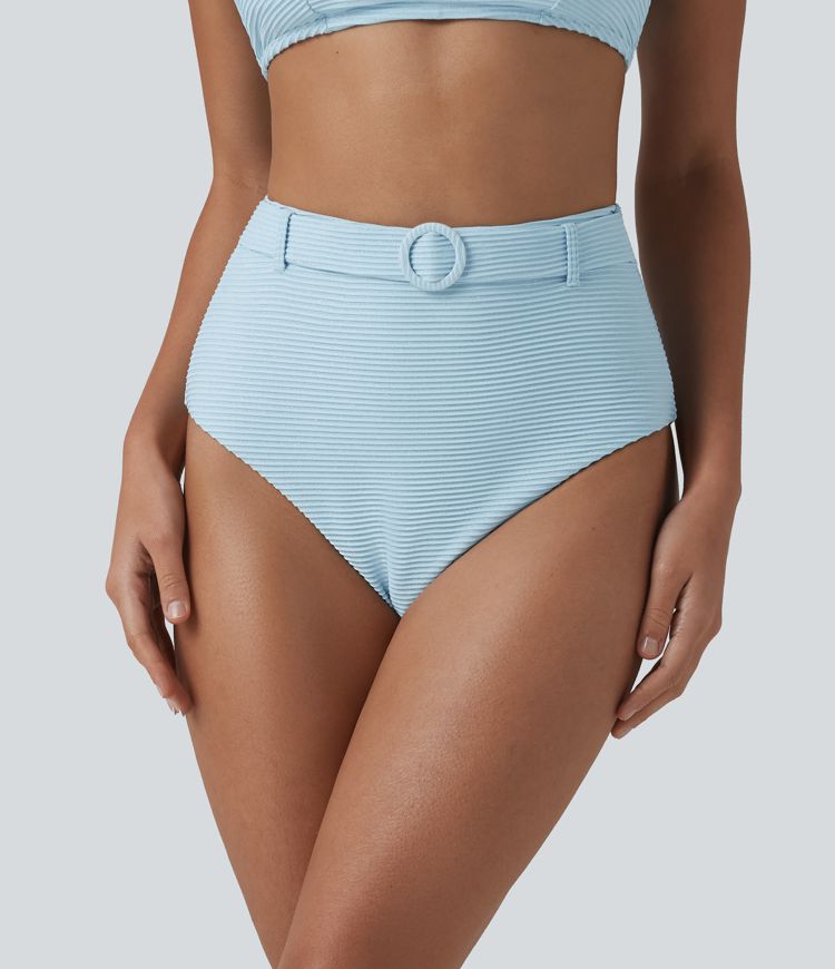 Bikinihose mit hohem Bund, Bauchkontrolle, Streifen und Glitzer