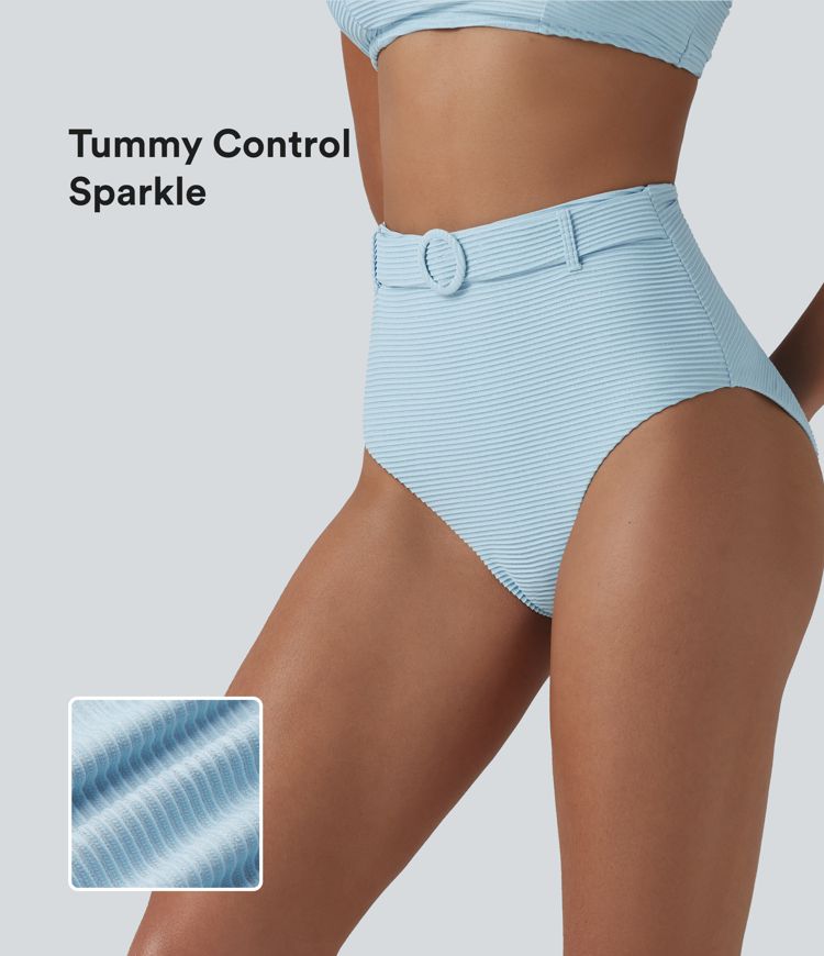 Bikinihose mit hohem Bund, Bauchkontrolle, Streifen und Glitzer