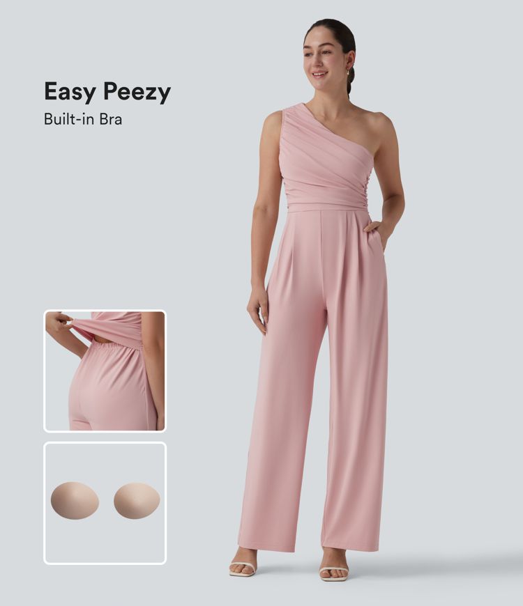 Sleeveless, ruched jumpsuit with side pockets, built-in bra and one-shoulder design - Easy Peezy