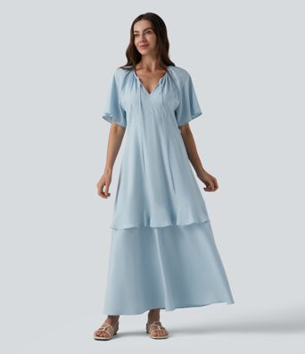 Robe midi fluide infroissable col V manches courtes à volants et empiècements superposés