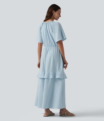 Robe midi fluide infroissable col V manches courtes à volants et empiècements superposés