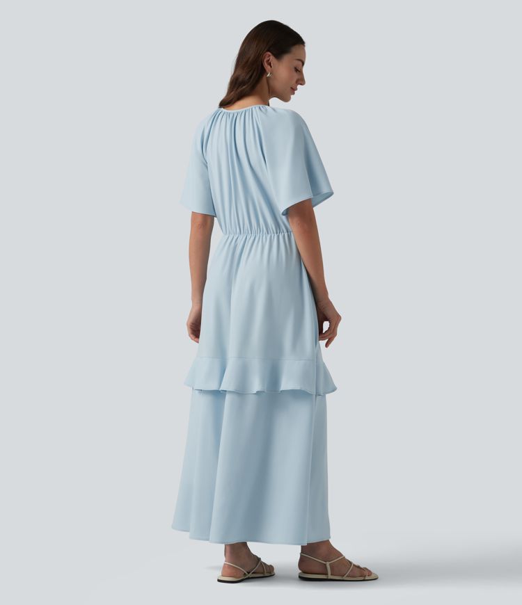 Robe midi fluide infroissable col V manches courtes à volants et empiècements superposés