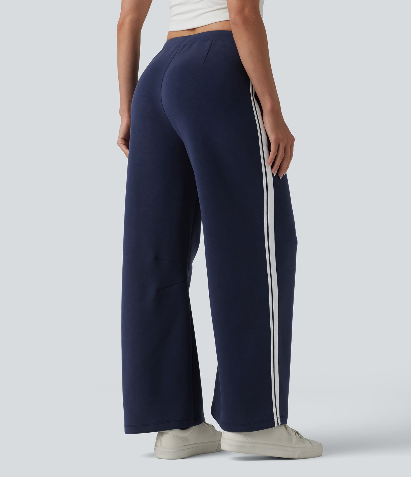 SpacerTek™ V Shaped Low Rise Drawstring Wide Leg Stripe Casual Trousers with Pockets