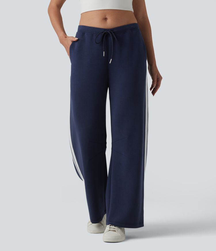 SpacerTek™ V Shaped Low Rise Drawstring Wide Leg Stripe Casual Trousers with Pockets