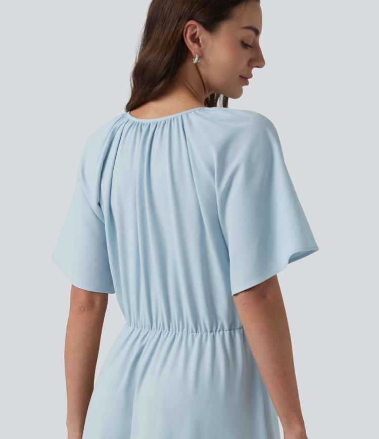 Robe midi fluide infroissable col V manches courtes à volants et empiècements superposés