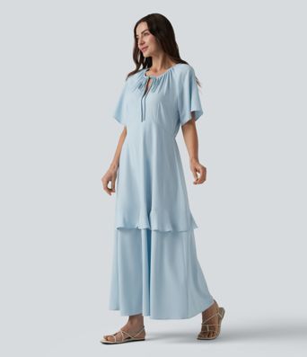 Robe midi fluide infroissable col V manches courtes à volants et empiècements superposés