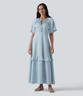 Robe midi fluide infroissable col V manches courtes à volants et empiècements superposés